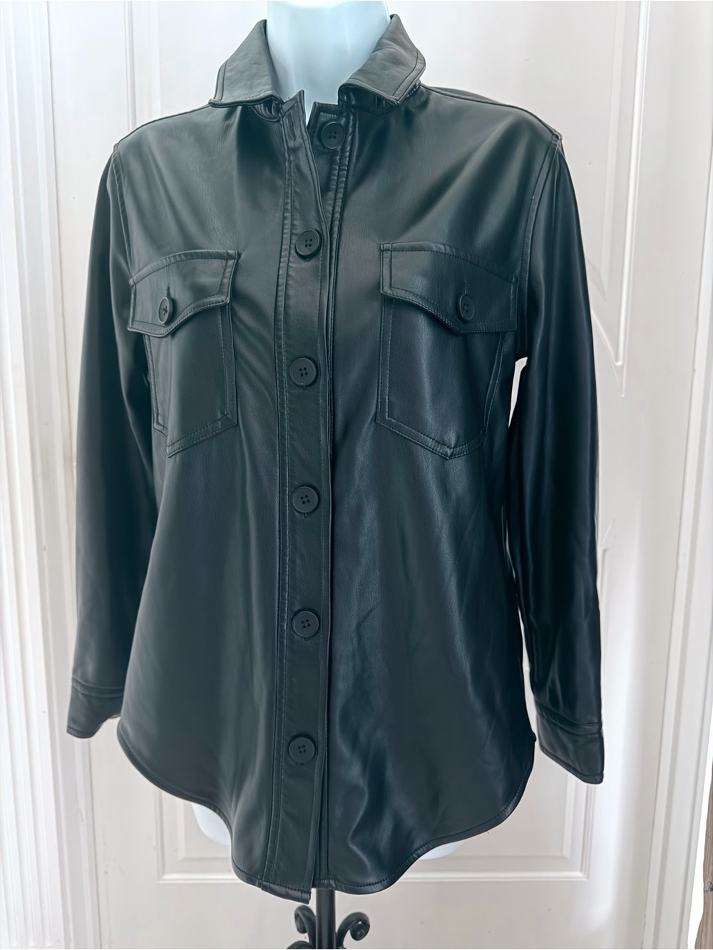 Crave Fame Black Faux Leather Button-Front Shirt Jacket Sz XS